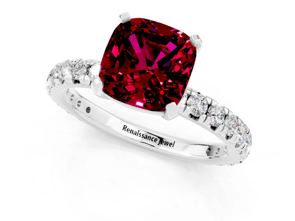 Platinum Cushion Cut Garnet Pavé Solitaire Ring with Round Band and Prong Setting