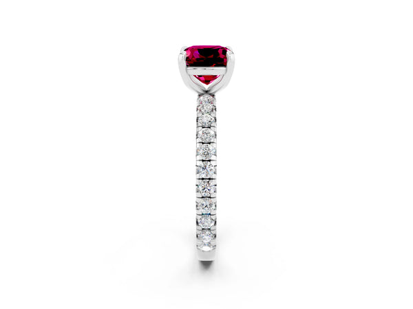 Platinum Cushion Cut Garnet Pavé Solitaire Ring with Round Band and Prong Setting