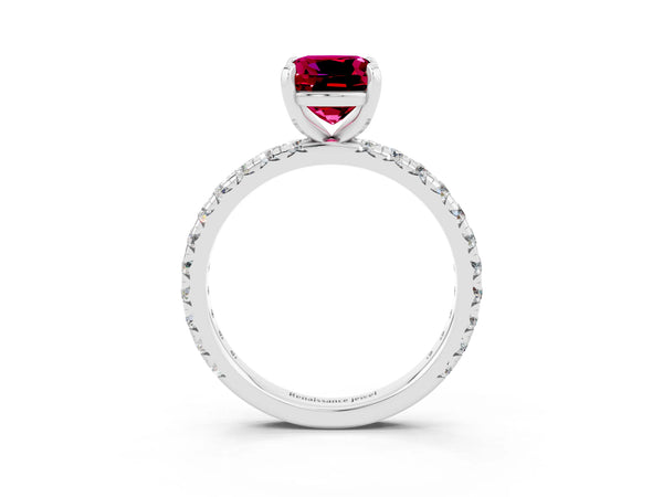 Platinum Cushion Cut Garnet Pavé Solitaire Ring with Round Band and Prong Setting