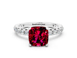 White gold Cushion Cut Garnet Pavé Solitaire Ring with Round Band and Prong Setting_36