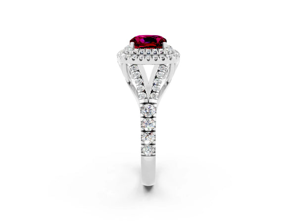 Platinum Cushion Cut Garnet Pavé Split Shank Double Halo Engagement Ring