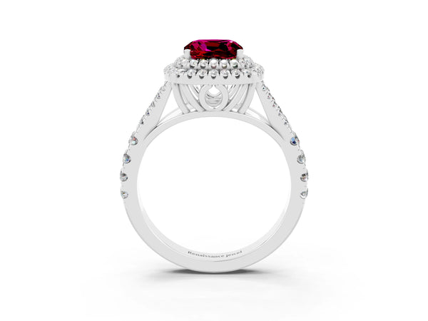 Silver Cushion Cut Garnet Pavé Split Shank Double Halo Engagement Ring