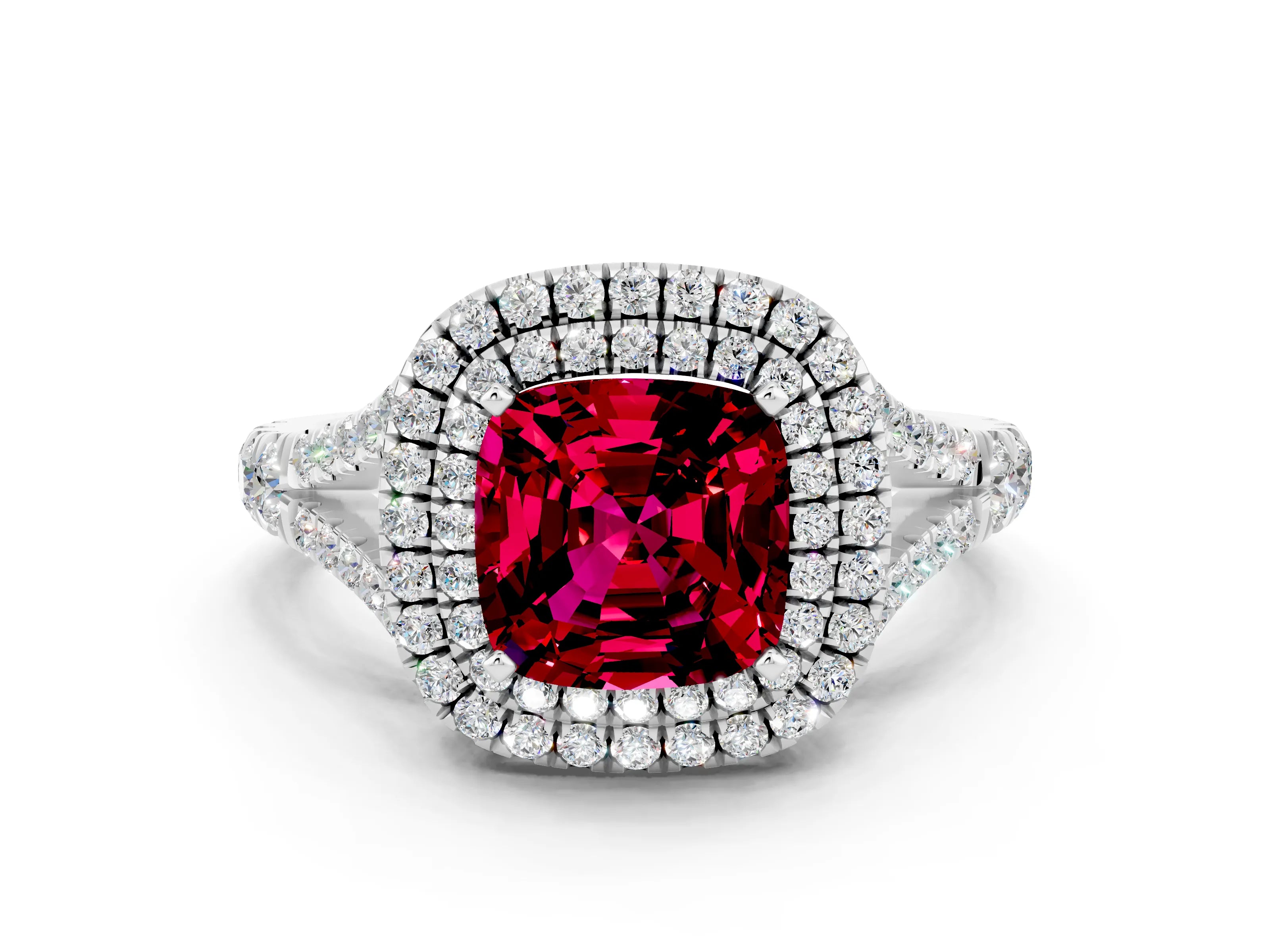 White gold Cushion Cut Garnet Pavé Split Shank Double Halo Engagement Ring