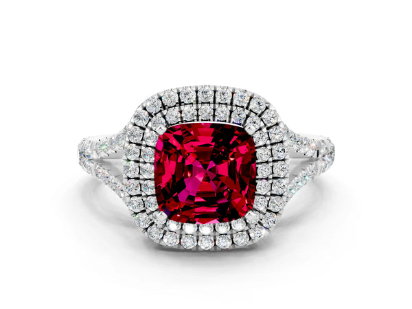 Silver Cushion Cut Garnet Pavé Split Shank Double Halo Engagement Ring