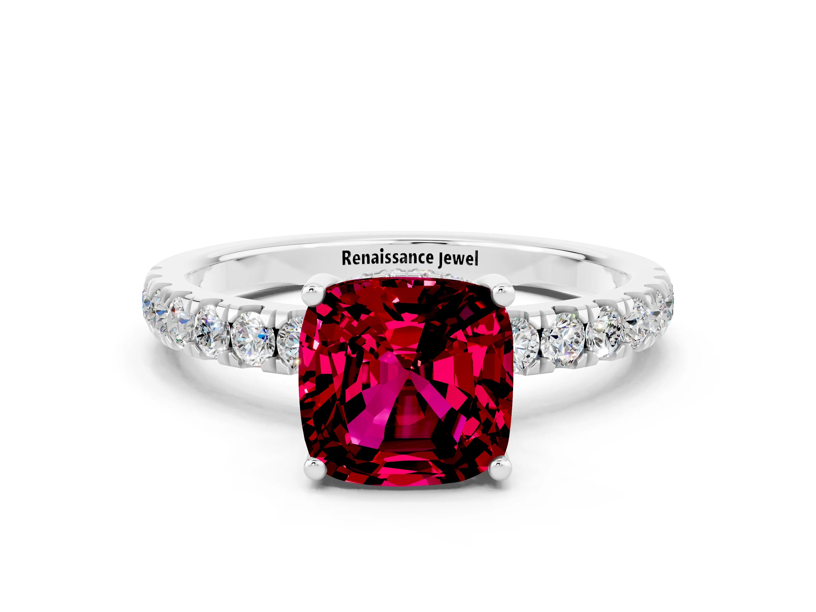 White gold Cushion Cut Garnet Pave Band Solitaire Ring with Four-Prong Setting_24