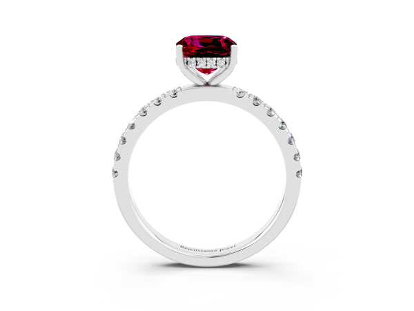 Silver Cushion Cut Garnet Pave Band Solitaire Ring with Round  and Prong Setting