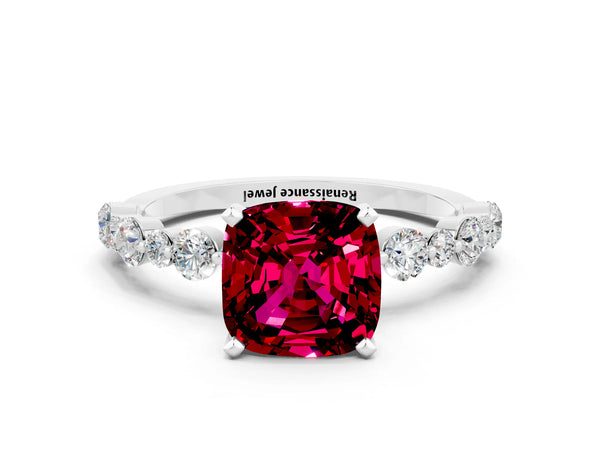 Platinum Cushion Cut Garnet Prong Set Engagement Ring with Pavé Band