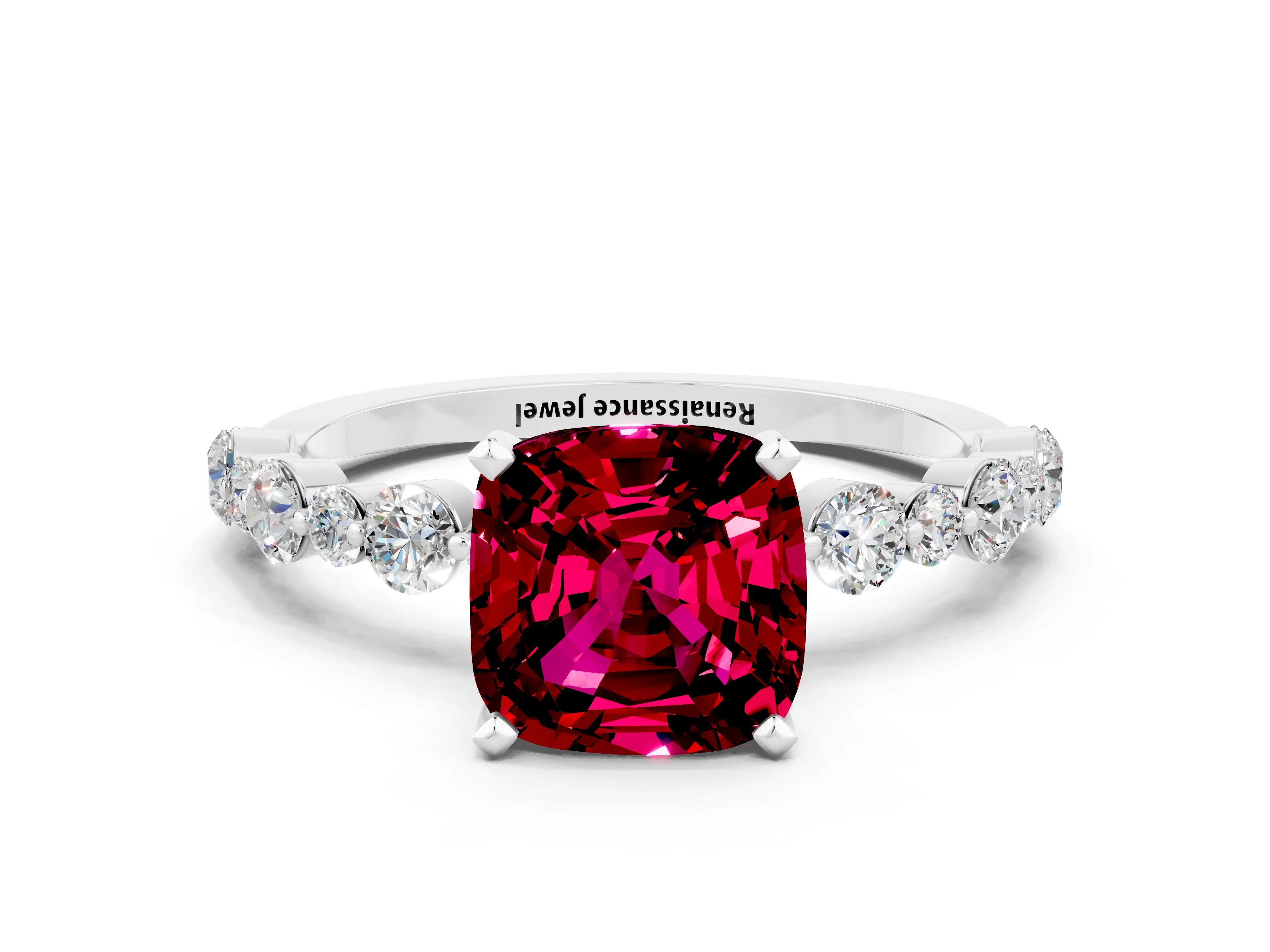 White gold Cushion Cut Garnet Prong Set Engagement Ring with Pavé Band