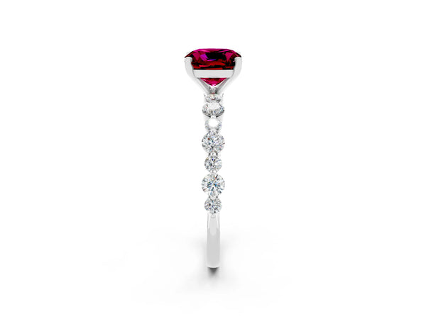 White gold Cushion Cut Garnet Prong Set Engagement Ring with Pavé Band