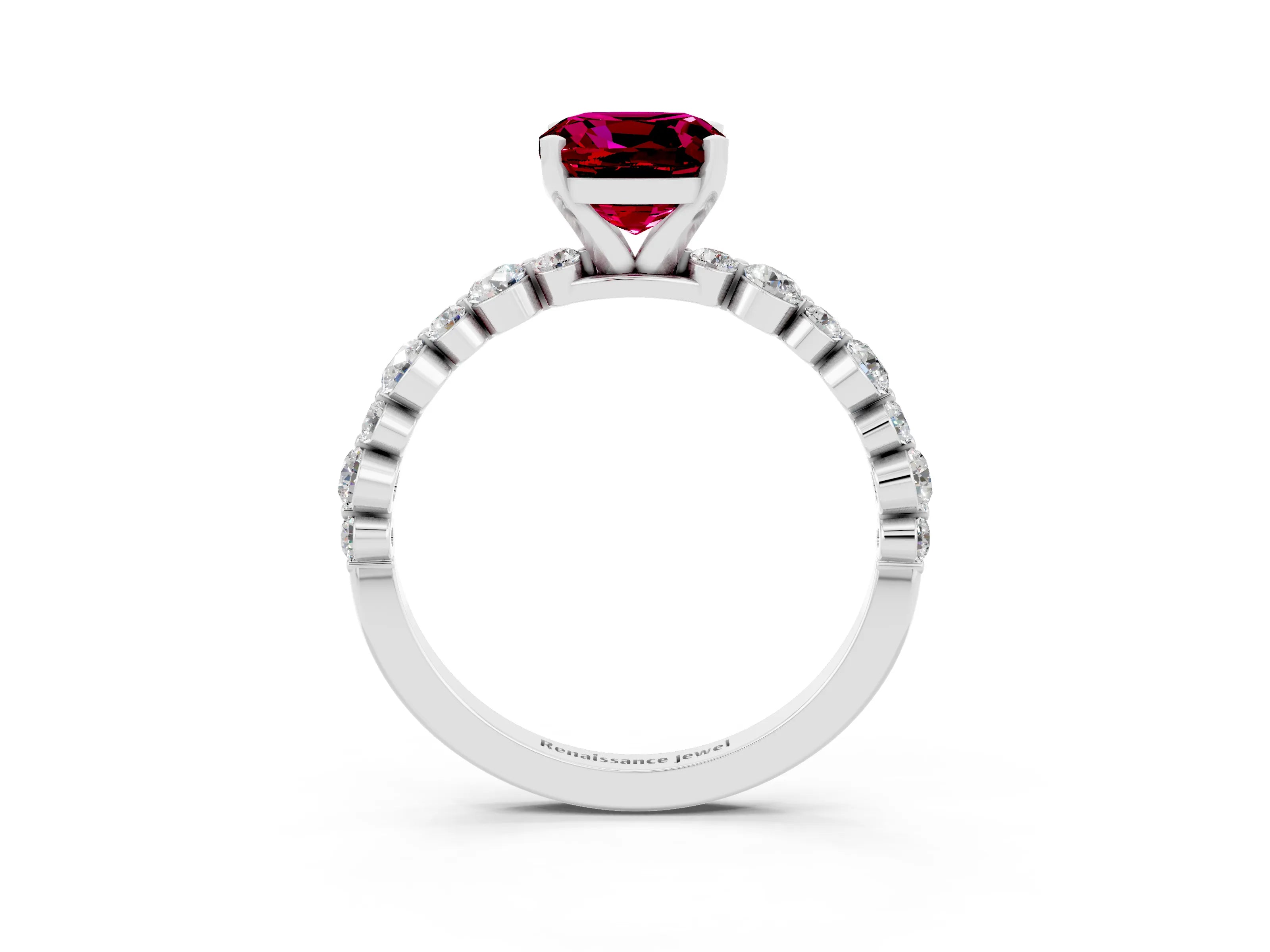 White gold Cushion Cut Garnet Prong Set Engagement Ring with Pavé Band_3