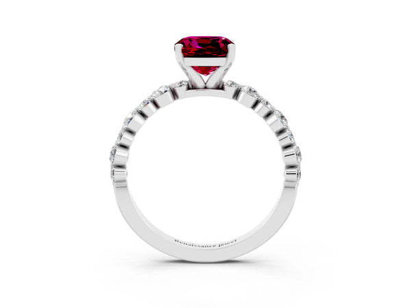 White gold Cushion Cut Garnet Prong Set Engagement Ring with Pavé Band