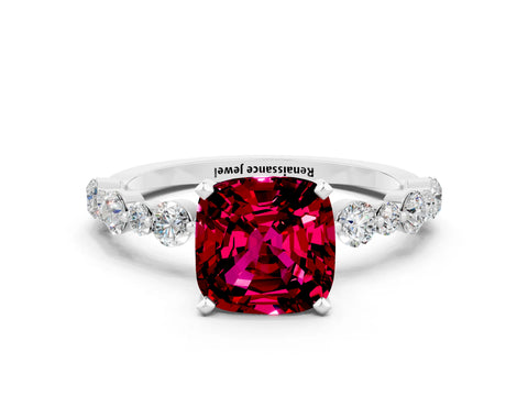 White gold Cushion Cut Garnet Prong Set Engagement Ring with Pavé Band
