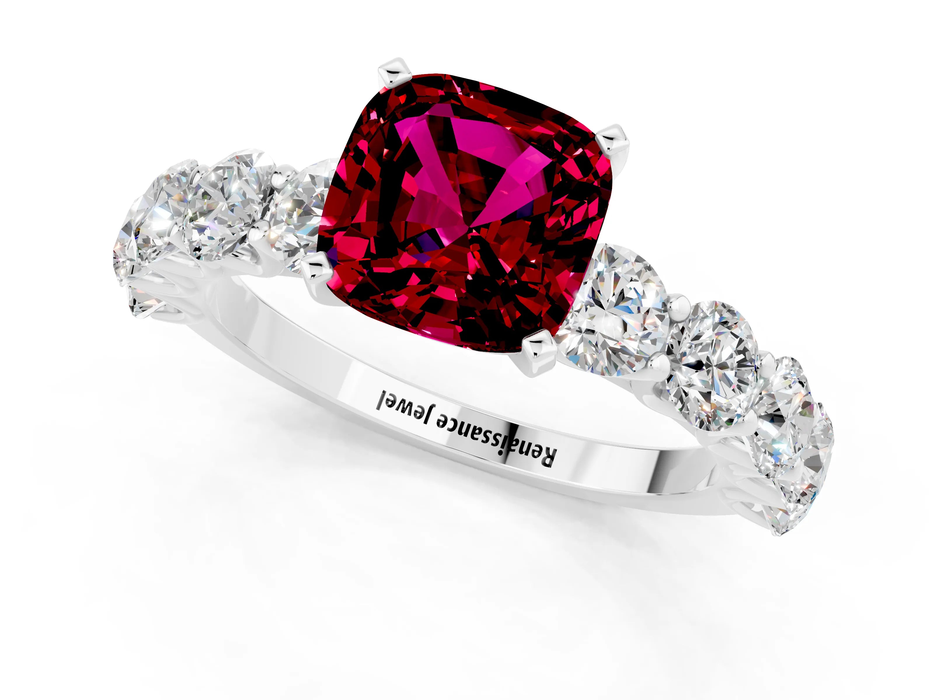 White gold Cushion Cut Garnet Prong Setting with Side Stones on a Pave Band_1