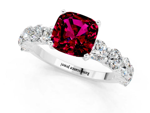 White gold Cushion Cut Garnet Prong Setting with Side Stones on a Pave Band_1