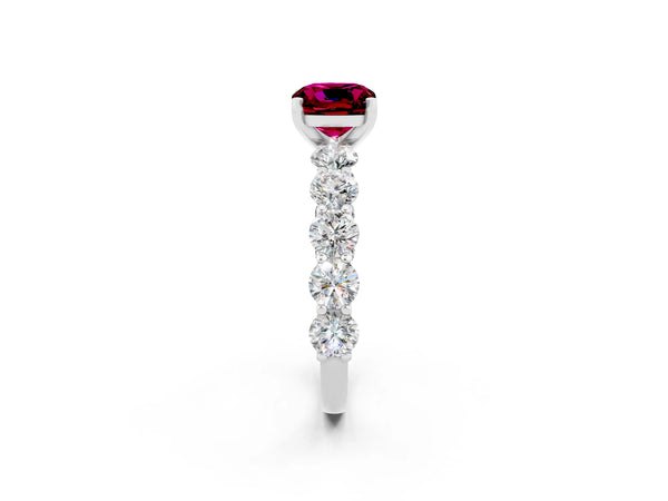 White gold Cushion Cut Garnet Prong Setting with Side Stones on a Pave Band