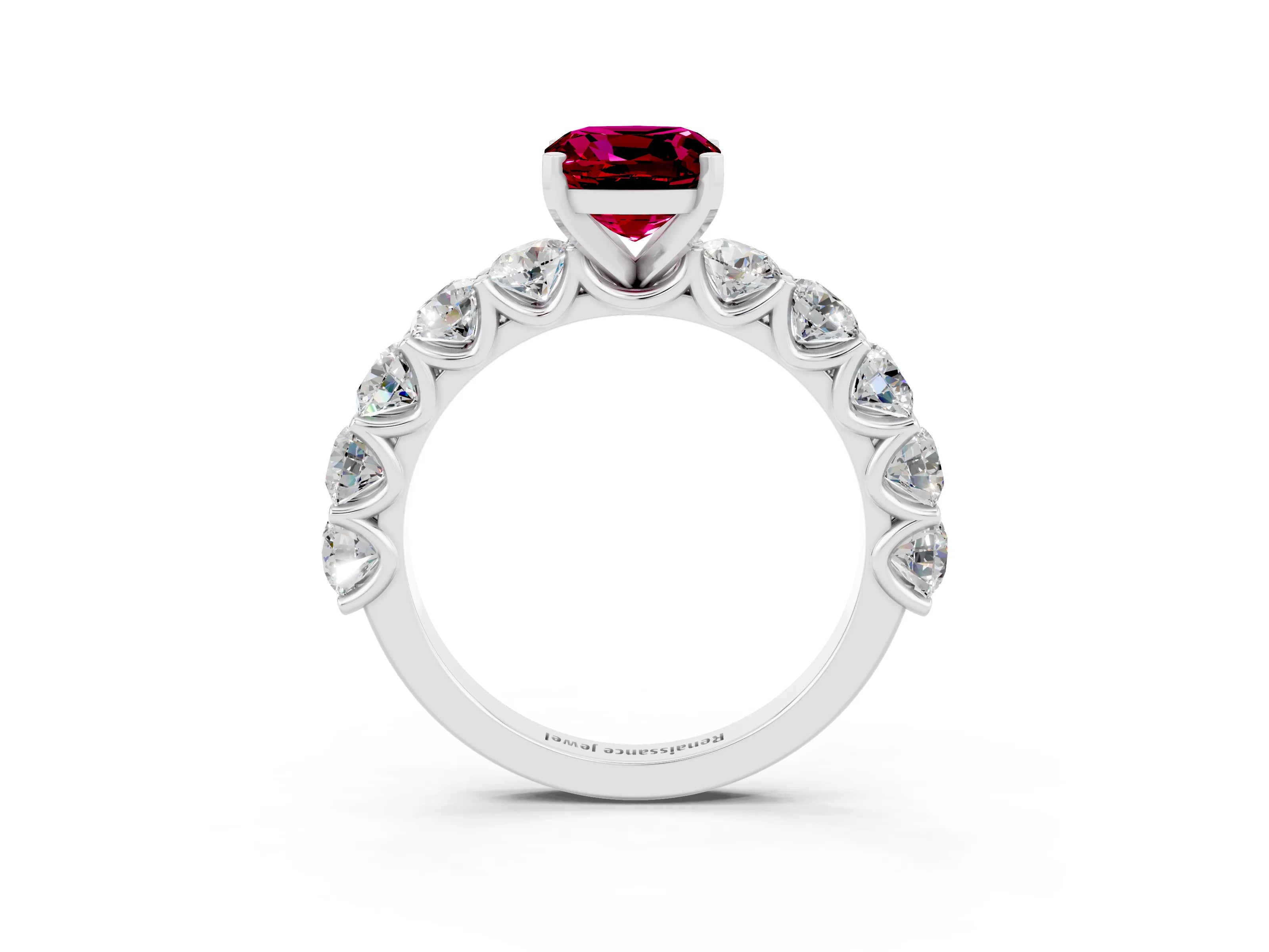 White gold Cushion Cut Garnet Prong Setting with Side Stones on a Pave Band_3