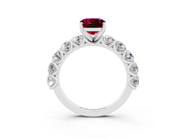 Platinum Cushion Cut Garnet Prong Setting with Side Stones on a Pave Band