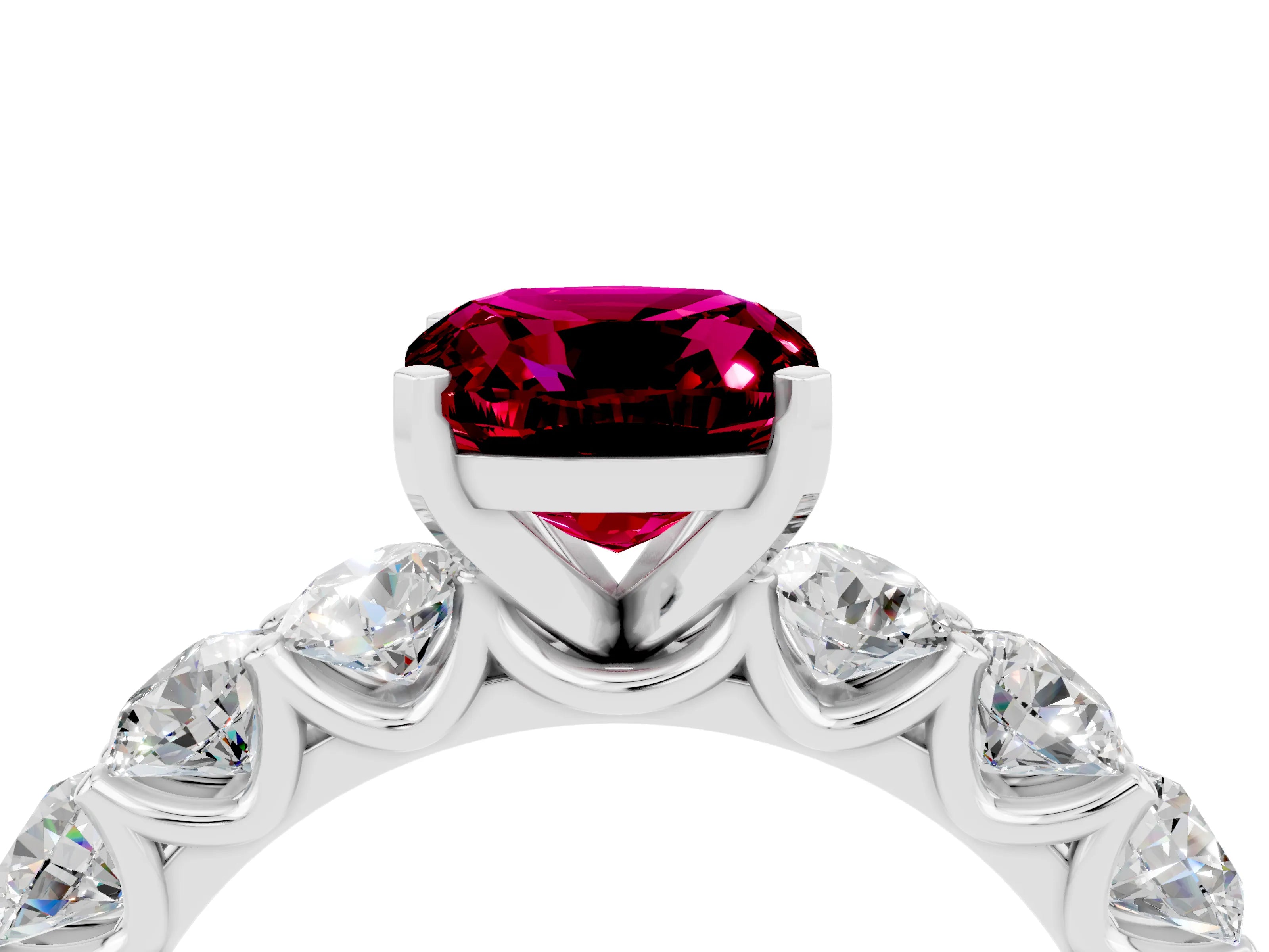 White gold Cushion Cut Garnet Prong Setting with Side Stones on a Pave Band_4