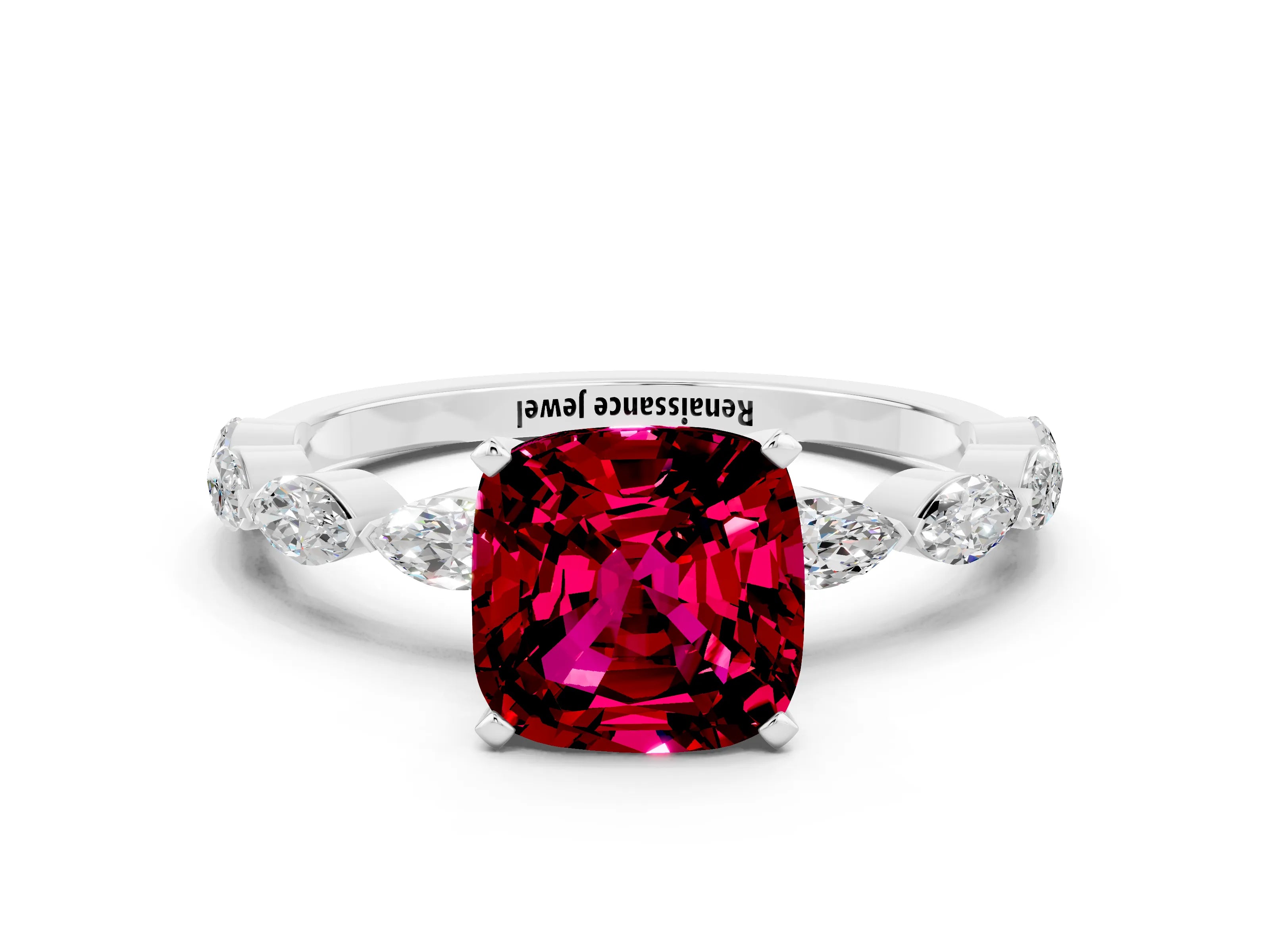 White gold Cushion Cut Garnet Ring with Marquise Side Stones and Prong Setting