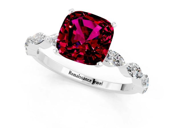 White gold Cushion Cut Garnet Ring with Marquise Side Stones and Prong Setting