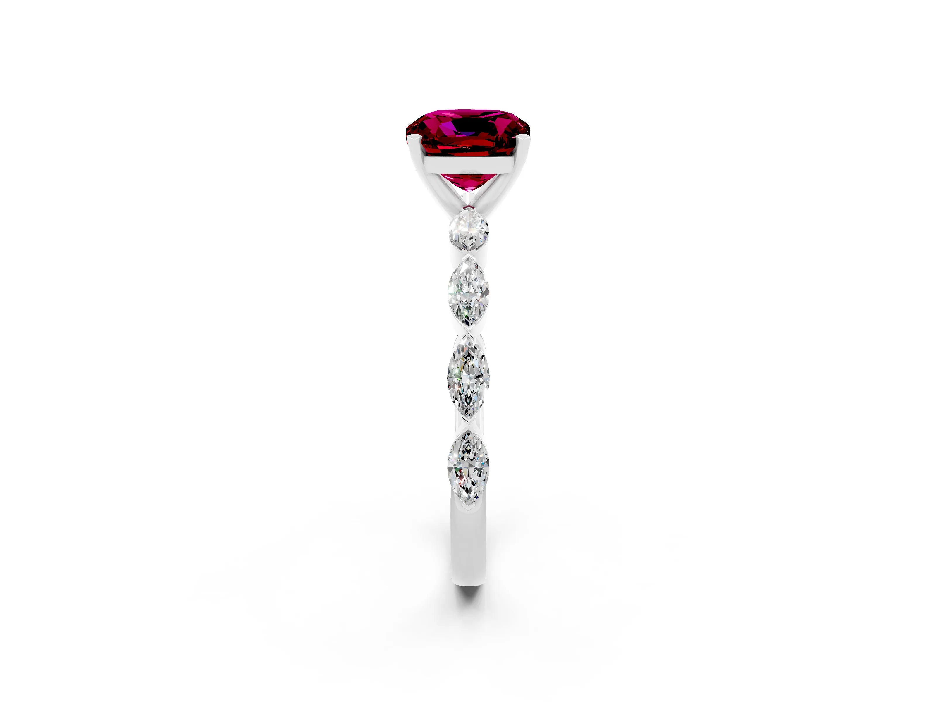 White gold Cushion Cut Garnet Ring with Marquise Side Stones and Prong Setting_2