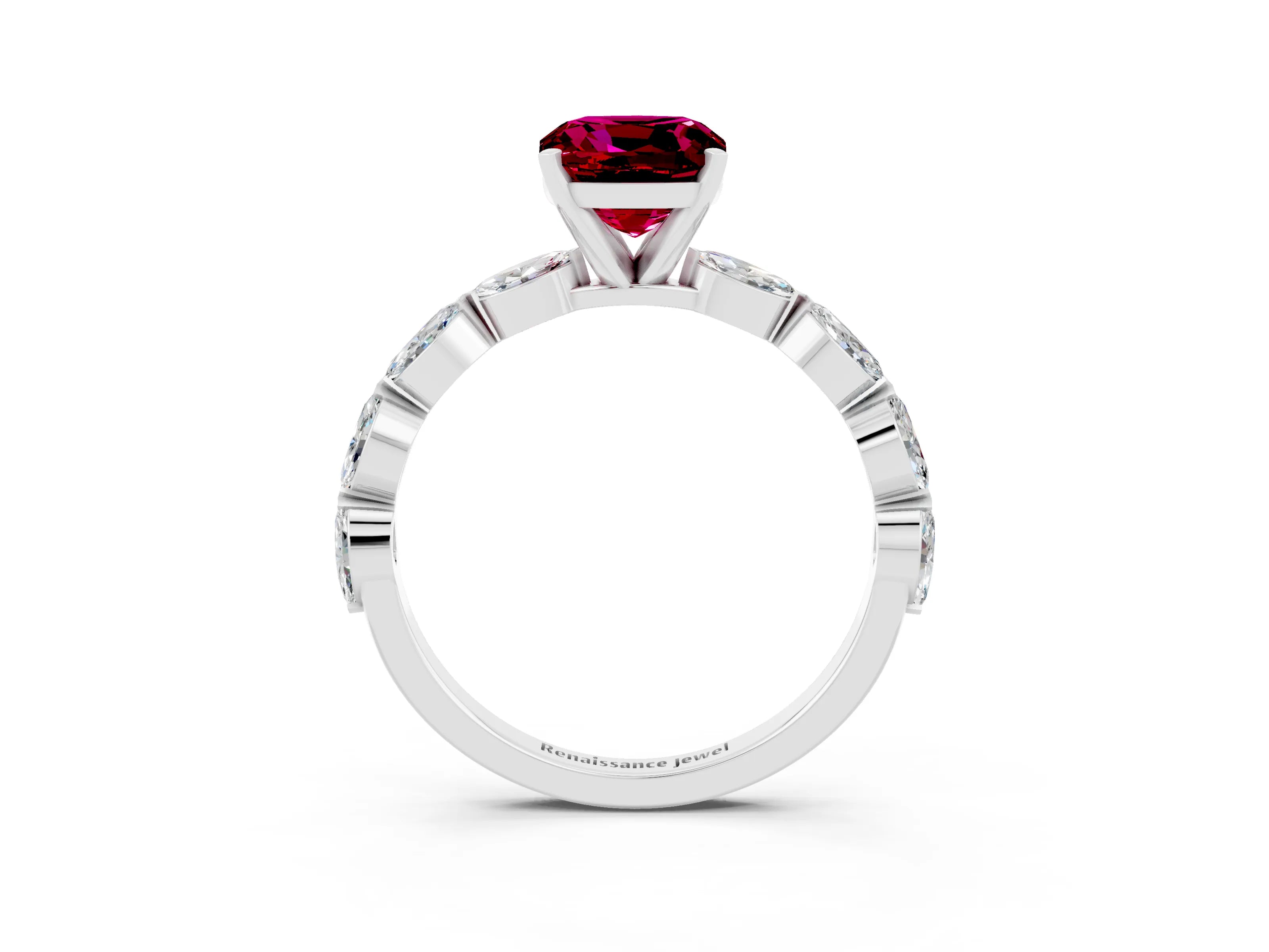White gold Cushion Cut Garnet Ring with Marquise Side Stones and Prong Setting_3