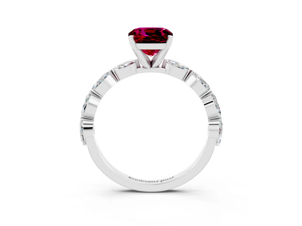 Silver Cushion Cut Garnet Ring with Marquise Side Stones and Prong Setting