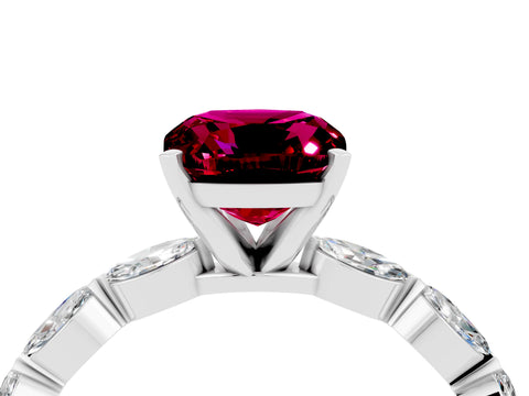 White gold Cushion Cut Garnet Ring with Marquise Side Stones and Prong Setting_4
