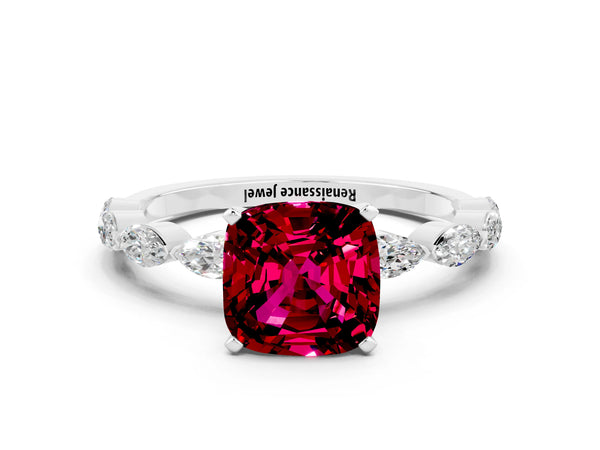 Silver Cushion Cut Garnet Ring with Marquise Side Stones and Prong Setting