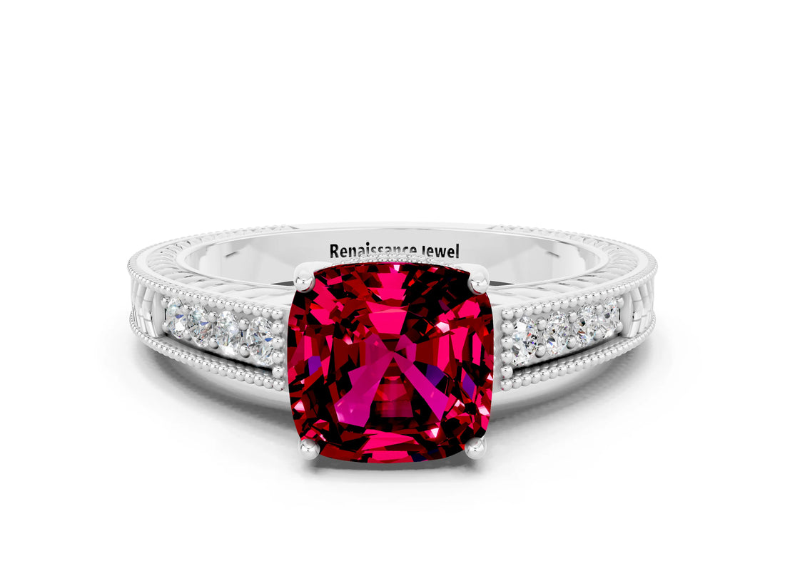 White gold Cushion Cut Garnet Ring with Milgrain Pavé Band and Four-Prong Setting_12