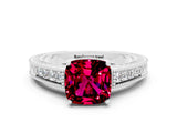 White gold Cushion Cut Garnet Ring with Milgrain Pavé Band and Four-Prong Setting_12