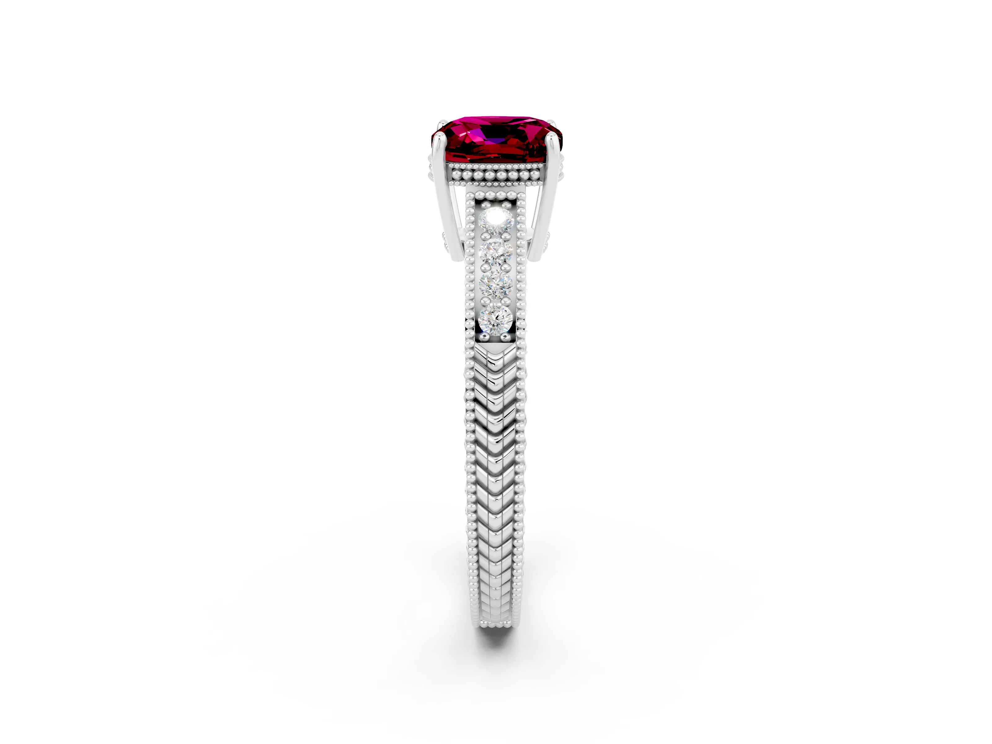 White gold Cushion Cut Garnet Ring with Milgrain Pavé Band and Four-Prong Setting_14