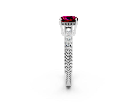 White gold Cushion Cut Garnet Ring with Milgrain Pavé Band and Four-Prong Setting_14