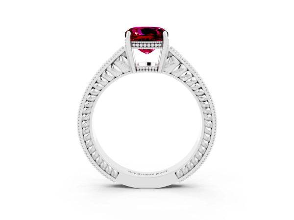 Silver Cushion Cut Garnet Ring with Milgrain Pavé Band and Four-Prong Setting