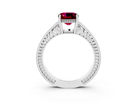 White gold Cushion Cut Garnet Ring with Milgrain Pavé Band and Four-Prong Setting_15