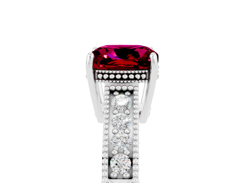 White gold Cushion Cut Garnet Ring with Milgrain Pavé Band and Four-Prong Setting_17