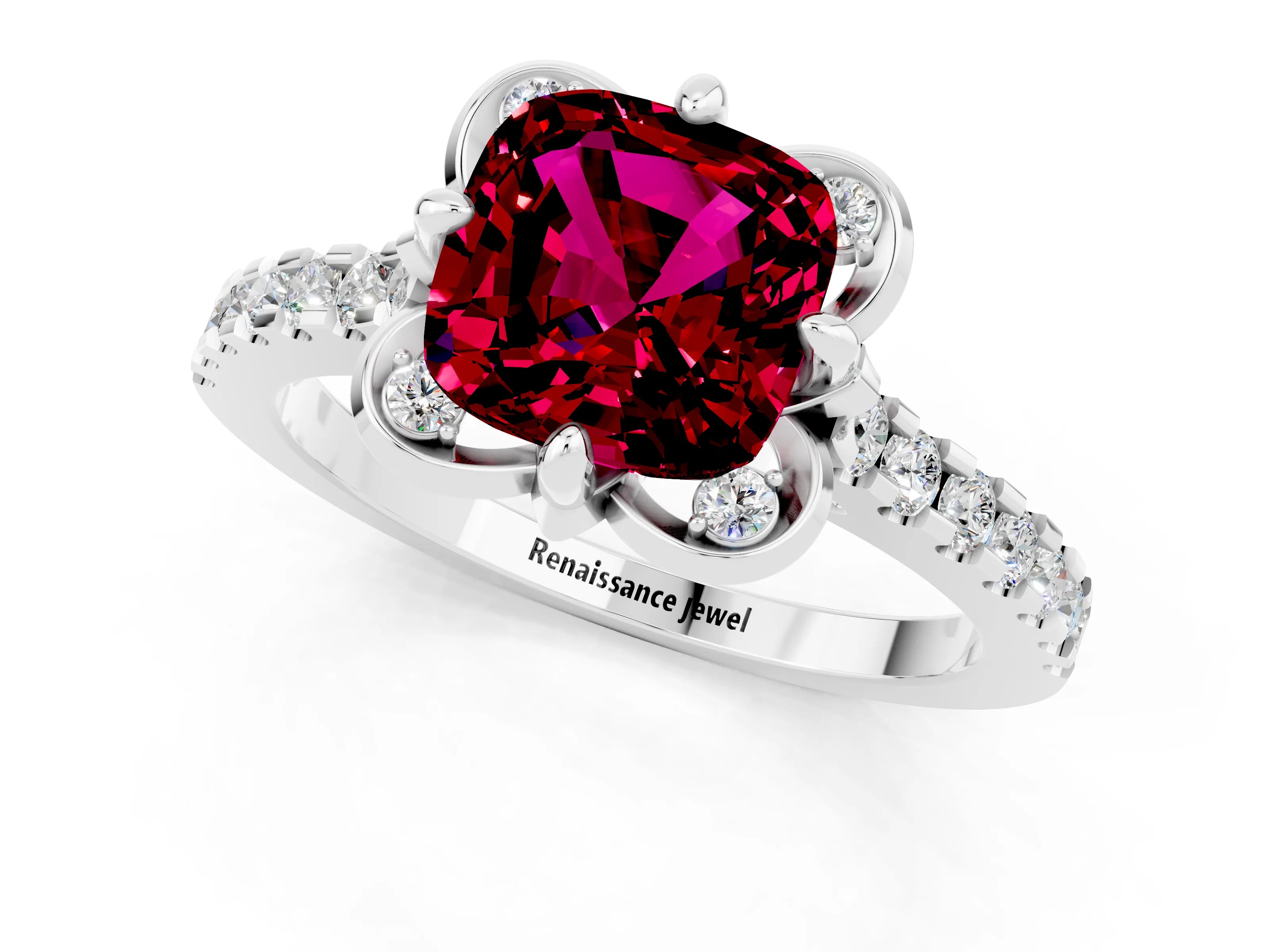 White gold Cushion Cut Garnet Ring with Pavé Band and Floral Prong Setting_1