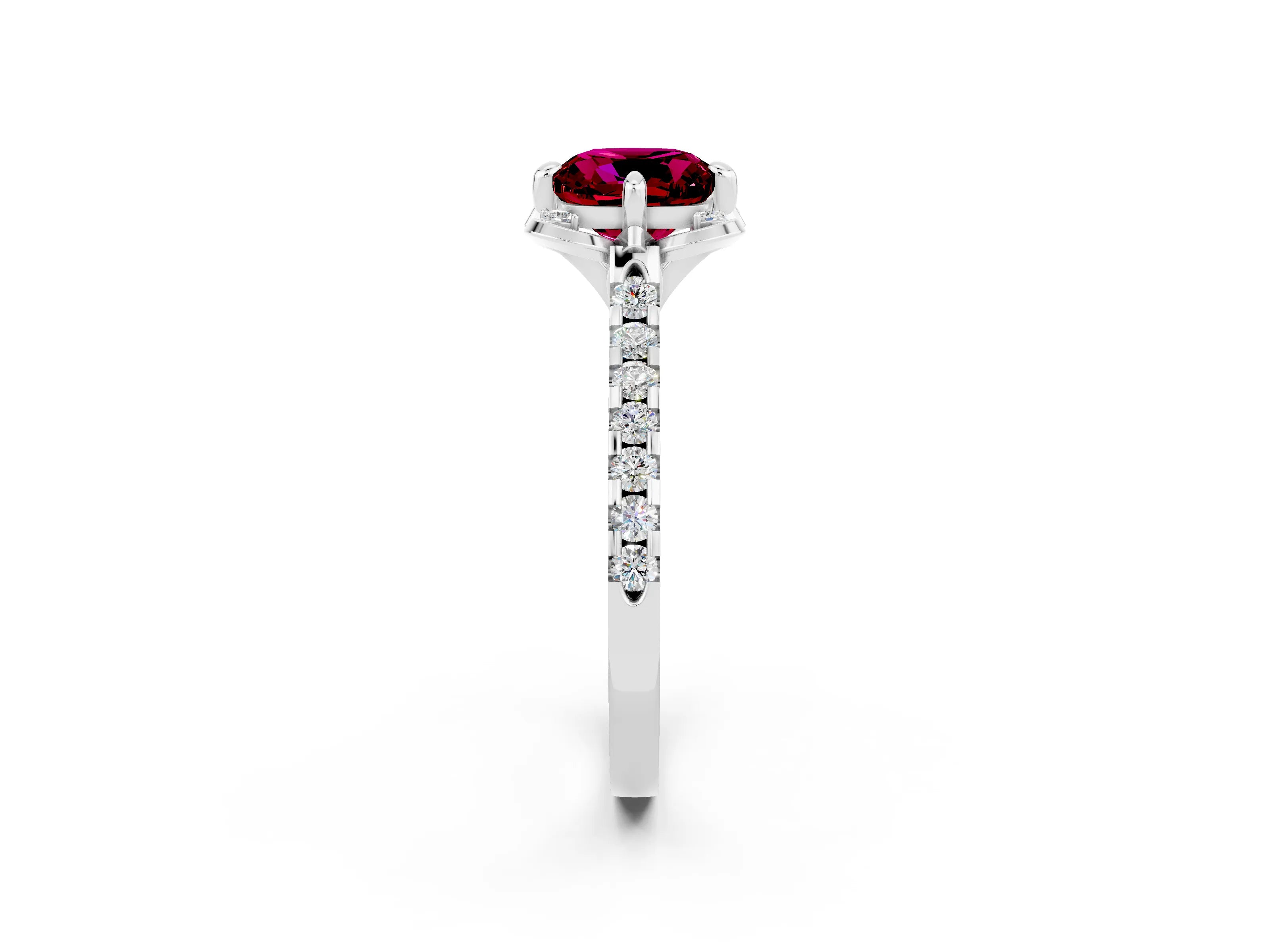 White gold Cushion Cut Garnet Ring with Pavé Band and Floral Prong Setting_2