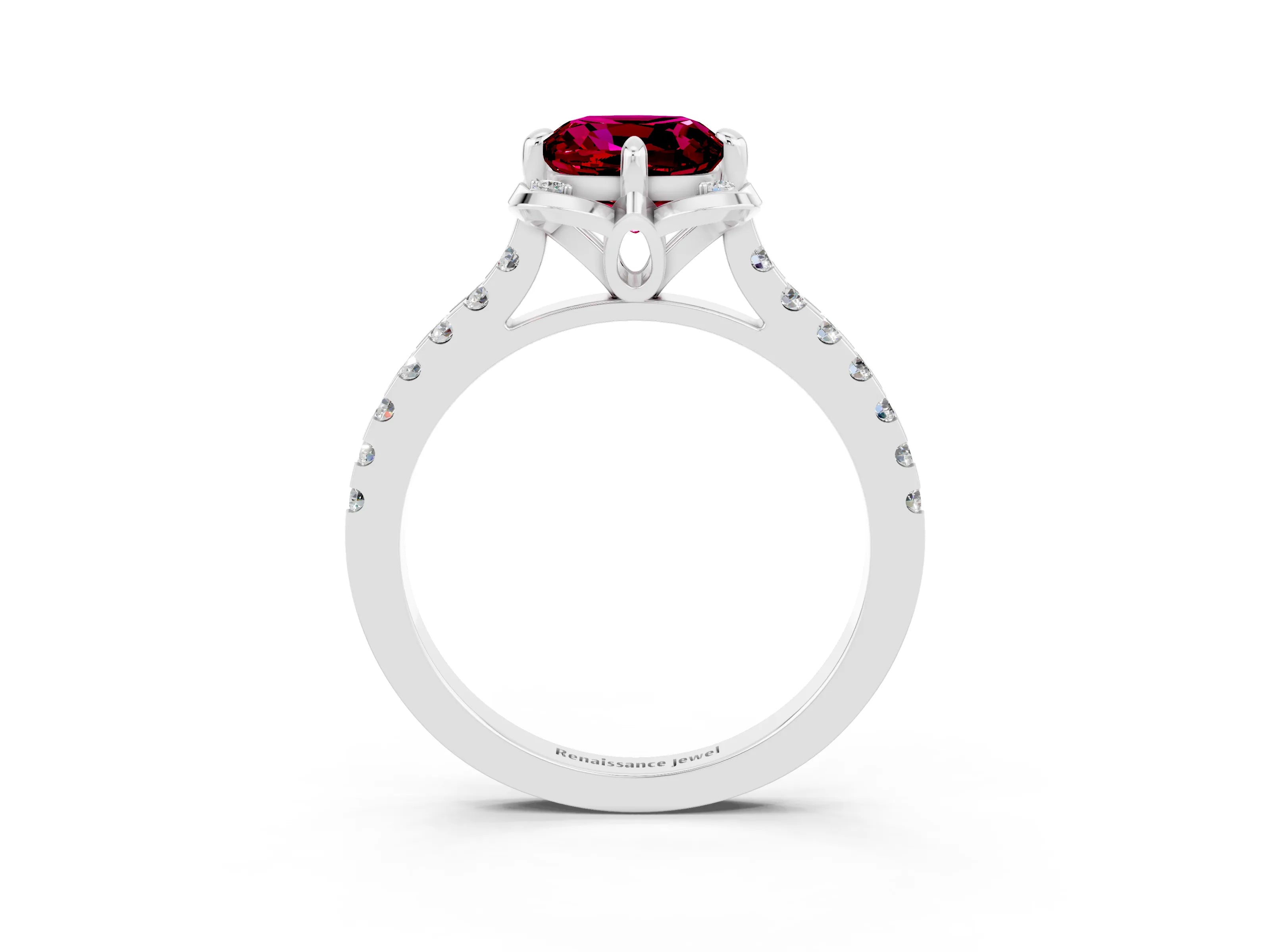 White gold Cushion Cut Garnet Ring with Pavé Band and Floral Prong Setting_3