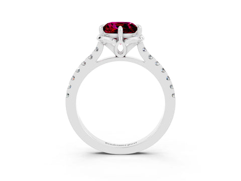 White gold Cushion Cut Garnet Ring with Pavé Band and Floral Prong Setting_3