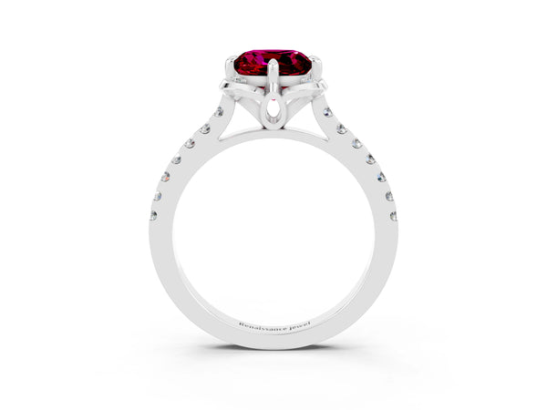 Silver Cushion Cut Garnet Ring with Pavé Band and Floral Prong Setting