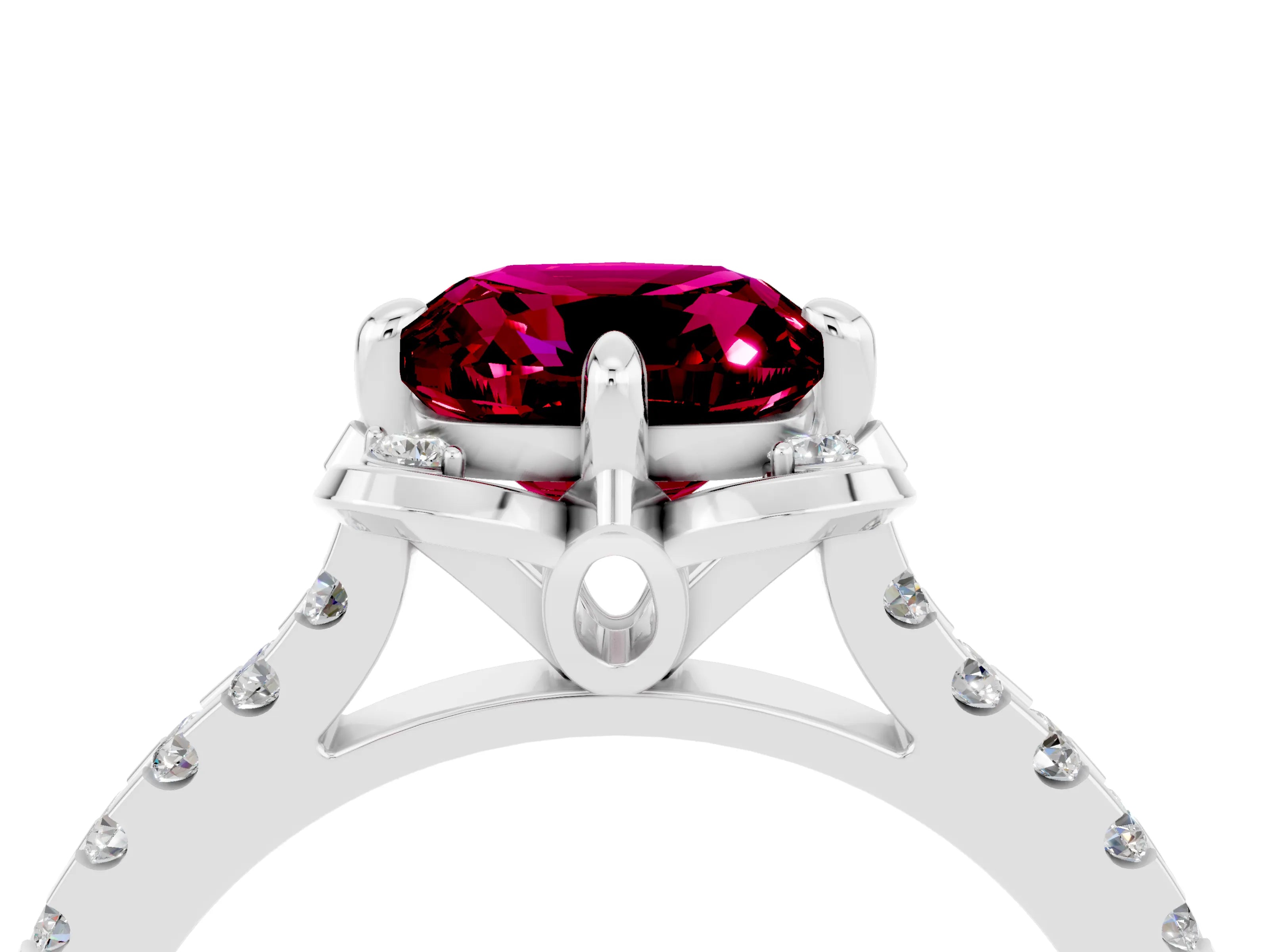 White gold Cushion Cut Garnet Ring with Pavé Band and Floral Prong Setting_4