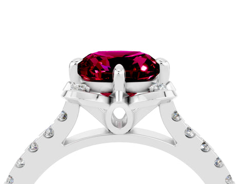 White gold Cushion Cut Garnet Ring with Pavé Band and Floral Prong Setting_4