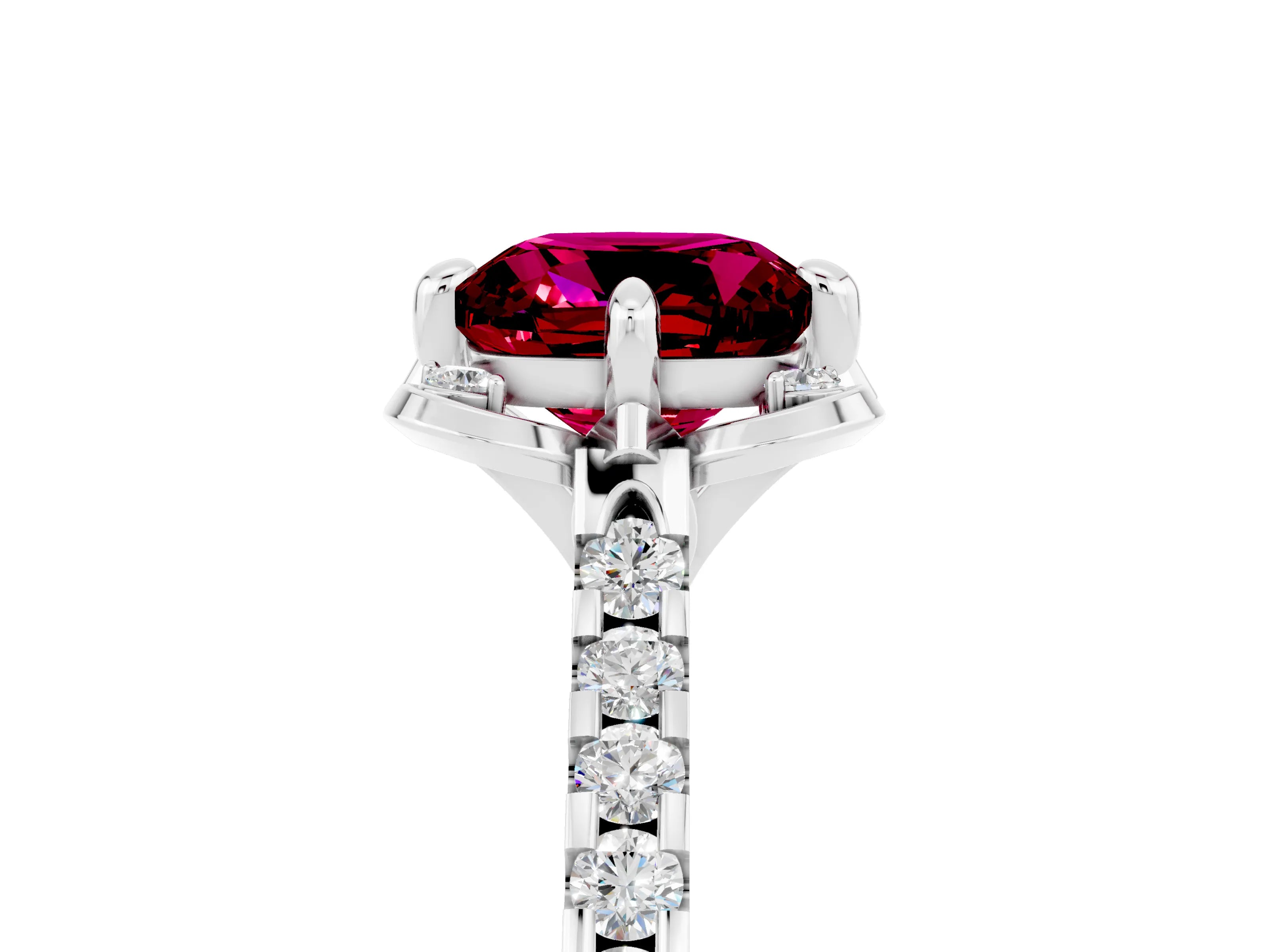 White gold Cushion Cut Garnet Ring with Pavé Band and Floral Prong Setting_5