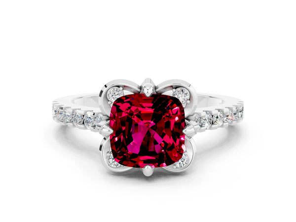 White gold Cushion Cut Garnet Ring with Pavé Band and Floral Prong Setting