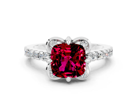 White gold Cushion Cut Garnet Ring with Pavé Band and Floral Prong Setting
