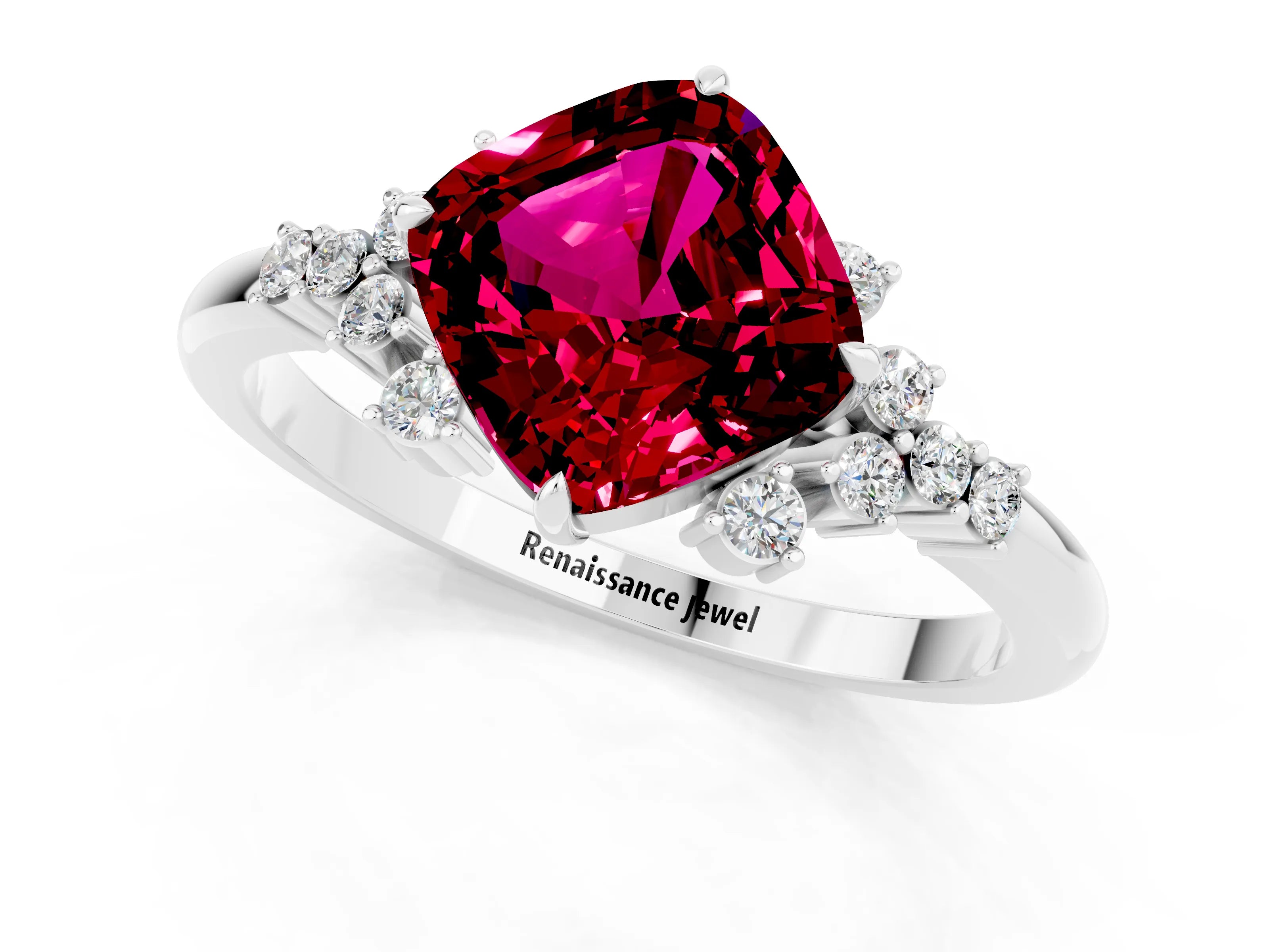 White gold Cushion Cut Garnet Ring with Side Stones and Four-Prong Setting_37