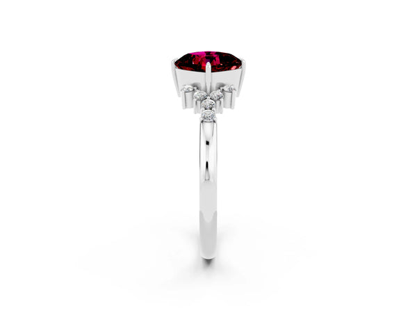 White gold Cushion Cut Garnet Ring with Side Stones and Four-Prong Setting