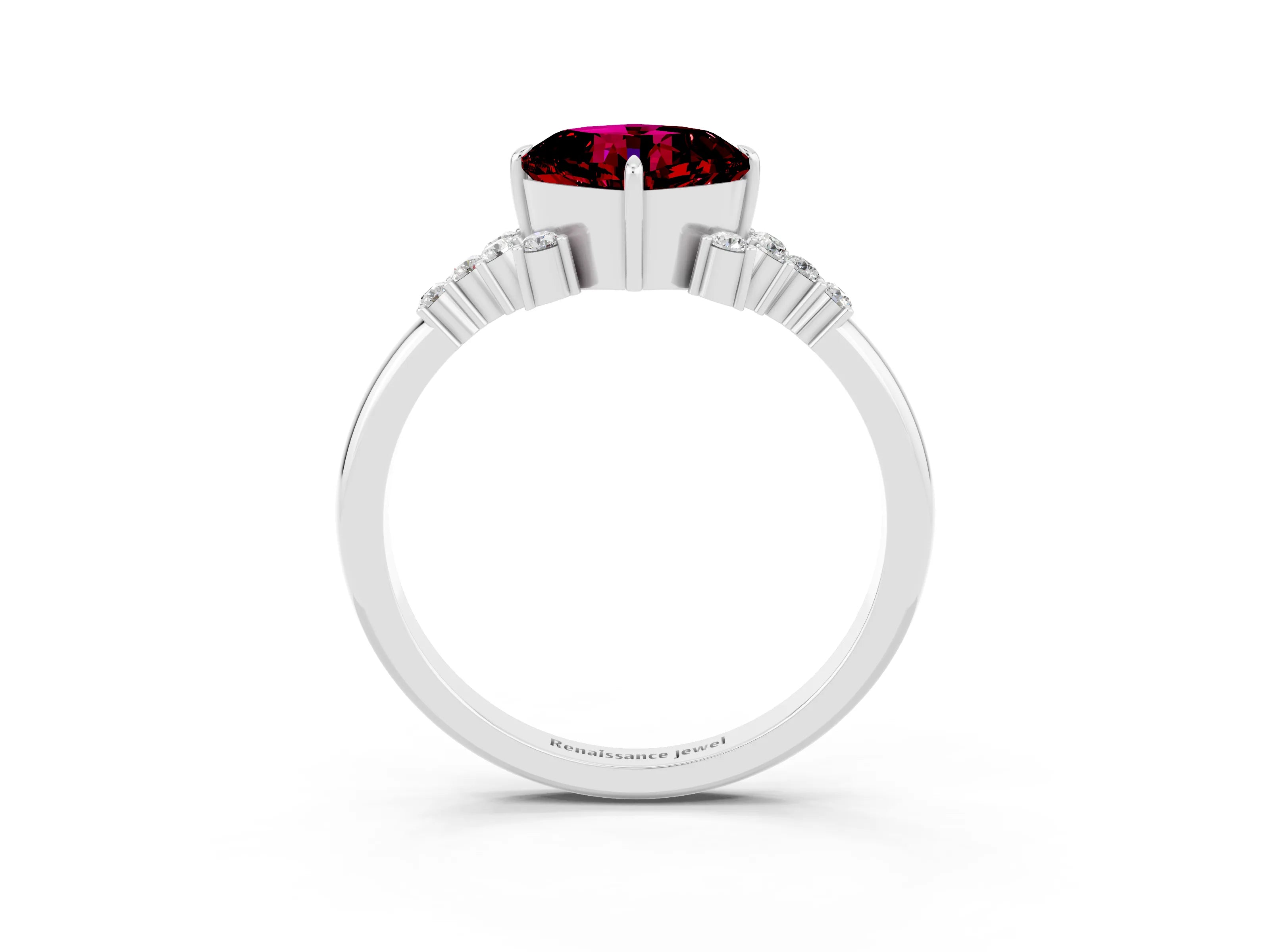 White gold Cushion Cut Garnet Ring with Side Stones and Four-Prong Setting_39
