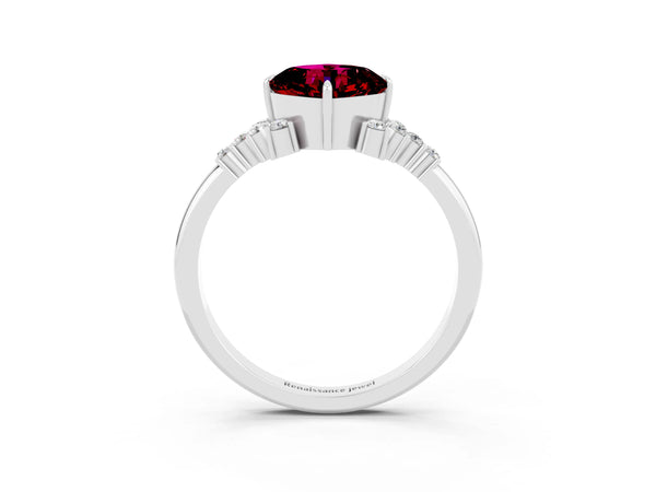 Platinum Cushion Cut Garnet Ring with Side Stones and Four-Prong Setting